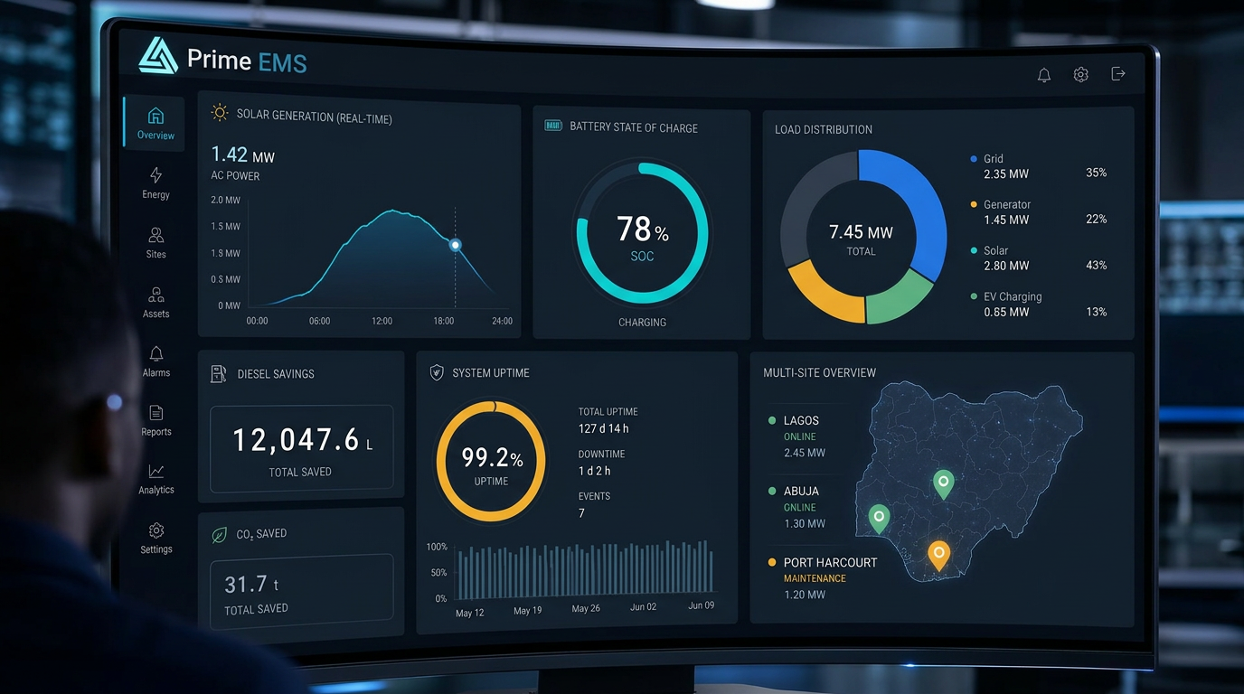 Prime EMS dashboard showing solar generation, battery, load distribution and multi-site overview