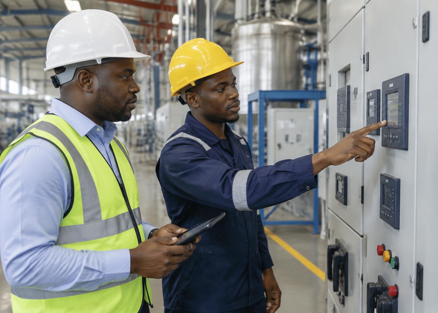 Nigerian operations manager and electrical engineer reviewing energy monitoring equipment inside a manufacturing facility.