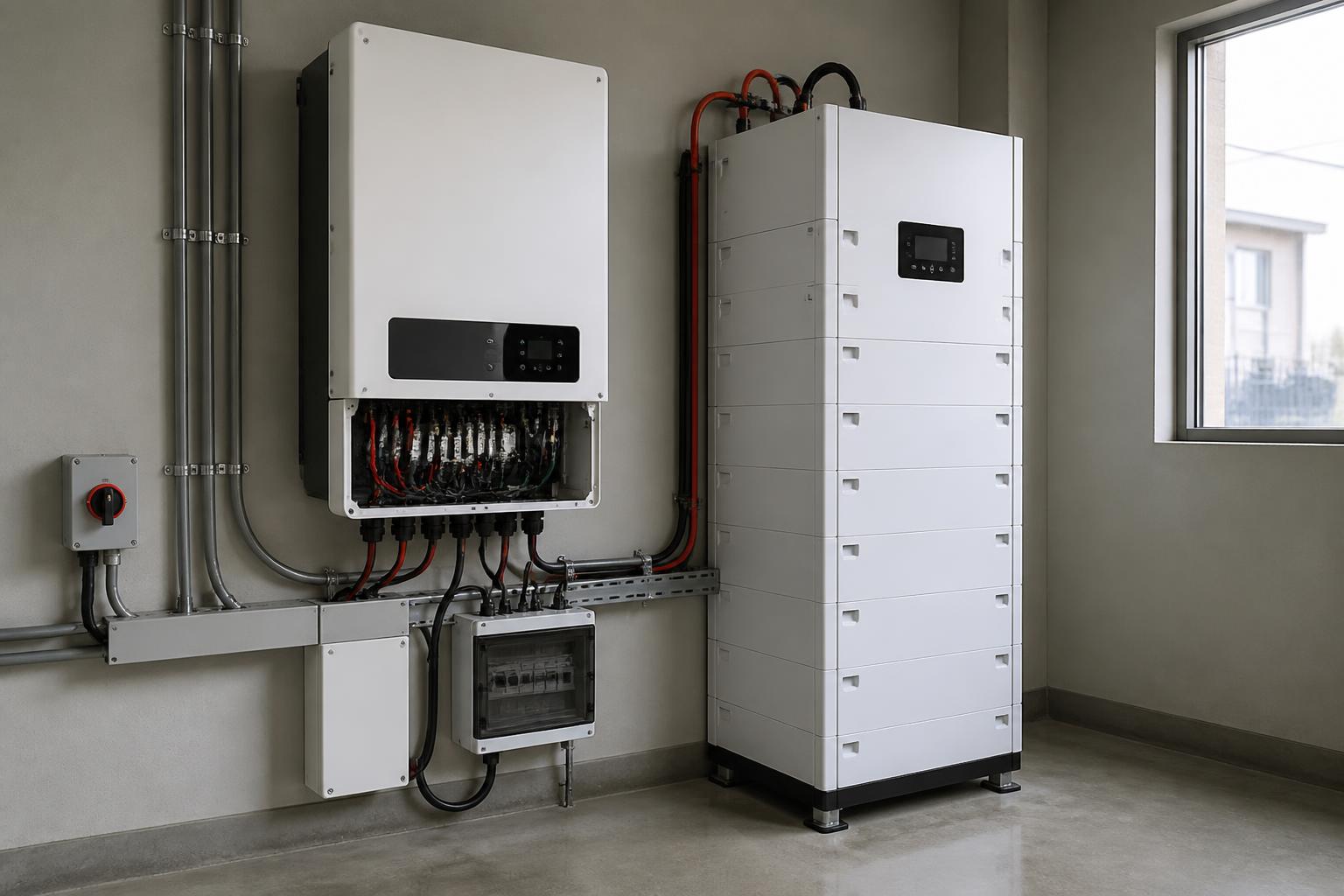 Wall-mounted hybrid inverter and stacked LFP battery cabinet in a Nigerian utility room